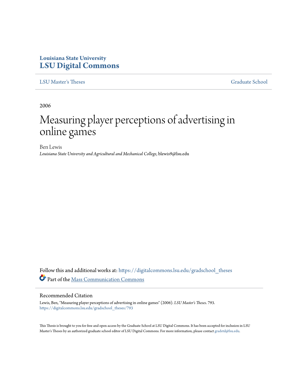 Measuring Player Perceptions of Advertising in Online Games Ben Lewis Louisiana State University and Agricultural and Mechanical College, Blewis9@Lsu.Edu