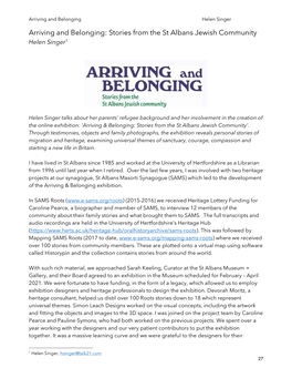Arriving and Belonging: Stories from the St Albans Jewish Community Helen Singer1