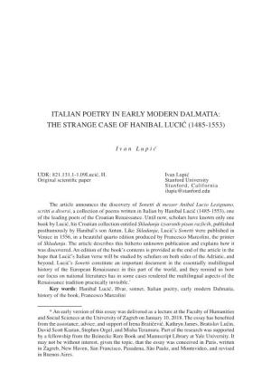Italian Poetry in Early Modern Dalmatia: the Strange Case of Hanibal Lucić (1485-1553)