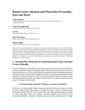 Daoist/Taoist Altruism and Wateristic Personality: East and West1