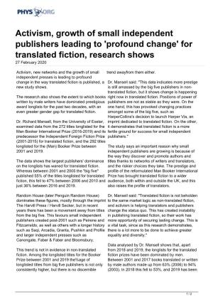 Activism, Growth of Small Independent Publishers Leading to 'Profound Change' for Translated Fiction, Research Shows 27 February 2020