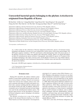 Unrecorded Bacterial Species Belonging to the Phylum Actinobacteria Originated from Republic of Korea