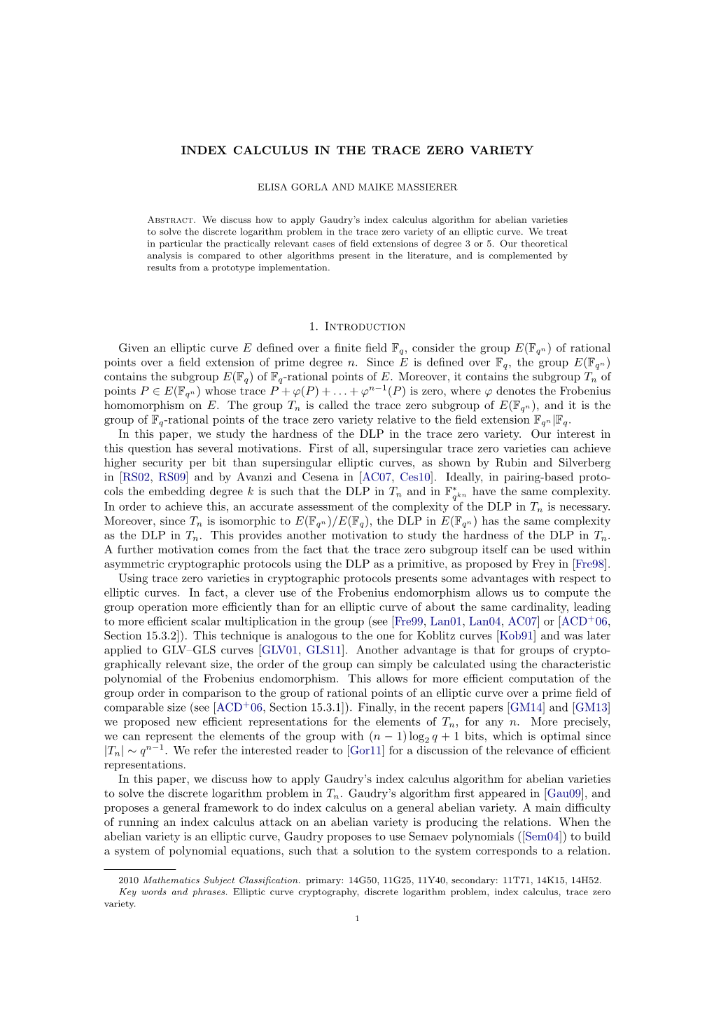 INDEX CALCULUS in the TRACE ZERO VARIETY 1. Introduction