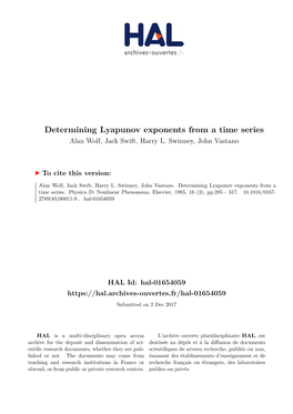 Determining Lyapunov Exponents from a Time Series Alan Wolf, Jack Swift, Harry L