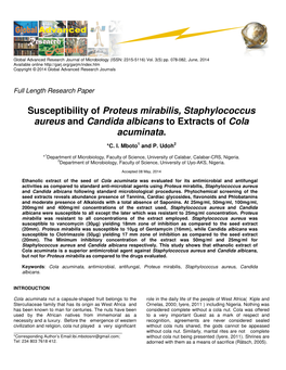 Susceptibility of Proteus Mirabilis, Staphylococcus Aureus and Candida Albicans to Extracts of Cola Acuminata