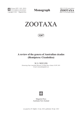 A Review of the Genera of Australian Cicadas (Hemiptera: Cicadoidea)