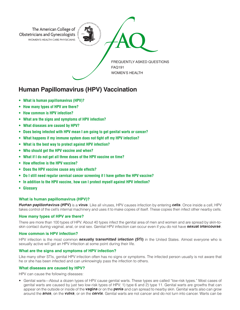 FAQ191 -- Human Papillomavirus (HPV) Vaccination
