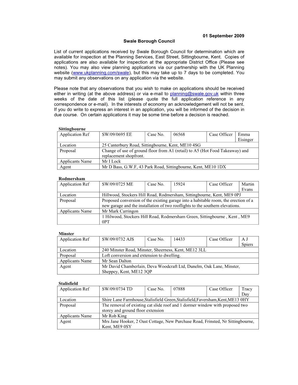 01 September 2009 Swale Borough Council List of Current Applications