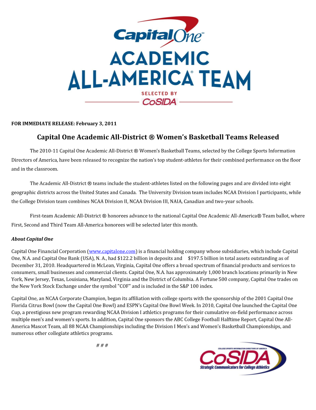 Capital One Academic All-District ® Women's Basketball Teams