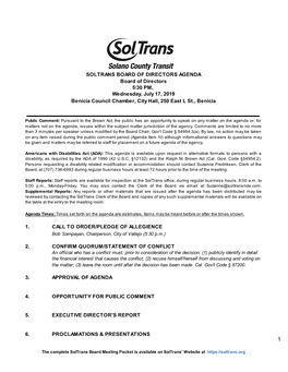 SOLTRANS BOARD of DIRECTORS AGENDA Board of Directors 5:30 PM, Wednesday, July 17, 2019 Benicia Council Chamber, City Hall, 250 East L St., Benicia