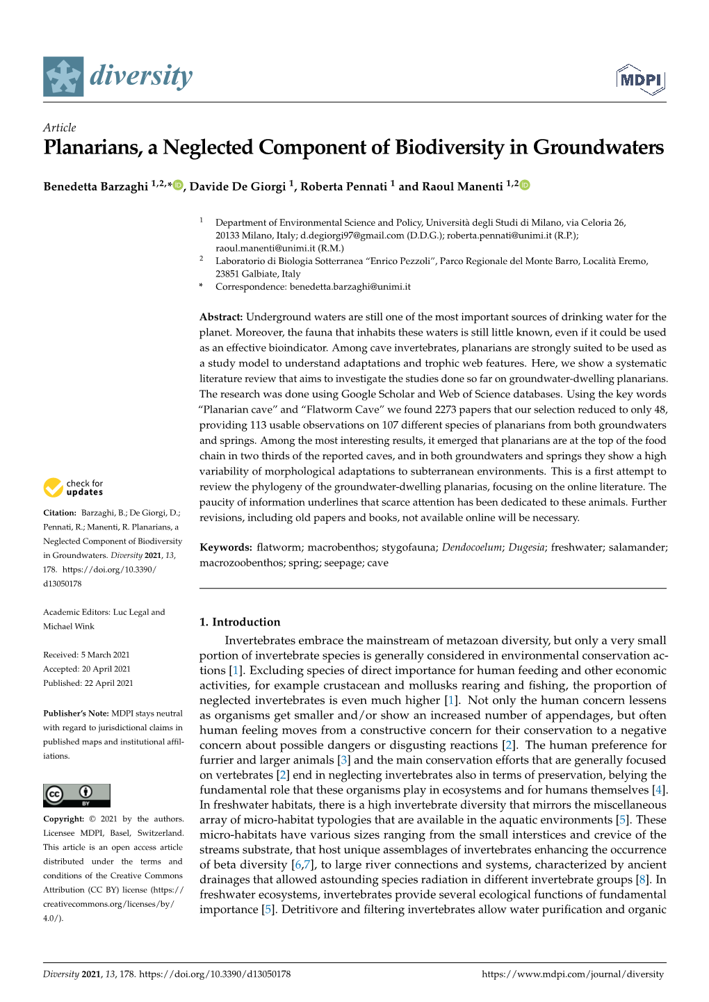 Planarians, a Neglected Component of Biodiversity in Groundwaters