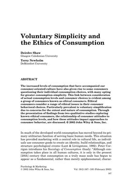 Voluntary Simplicity and the Ethics of Consumption