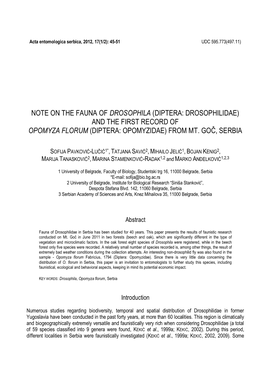 Diptera: Drosophilidae) and the First Record of Opomyza Florum (Diptera: Opomyzidae) from Mt