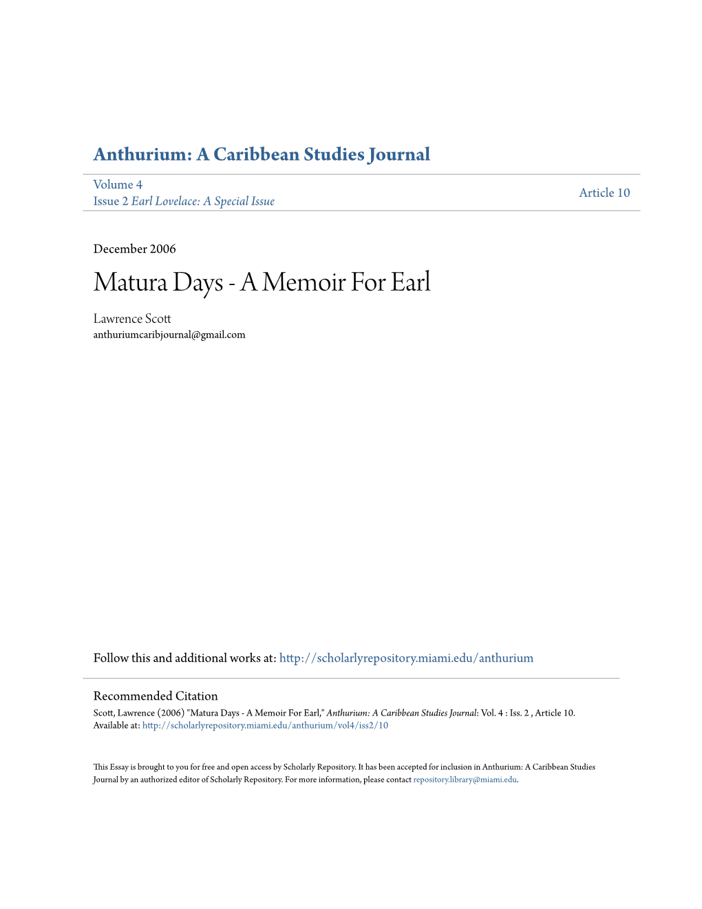 Matura Days - a Memoir for Earl Lawrence Scott Anthuriumcaribjournal@Gmail.Com