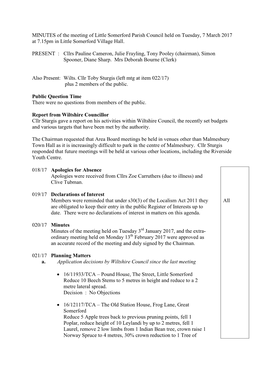 MINUTES of the Meeting of Little Somerford Parish Council Held on Tuesday, 7 March 2017 at 7.15Pm in Little Somerford Village Hall