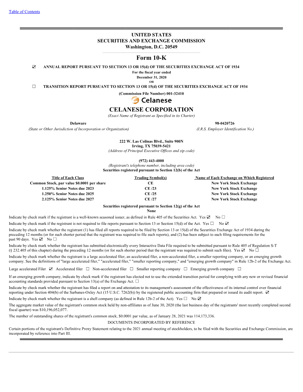 Form 10-K CELANESE CORPORATION