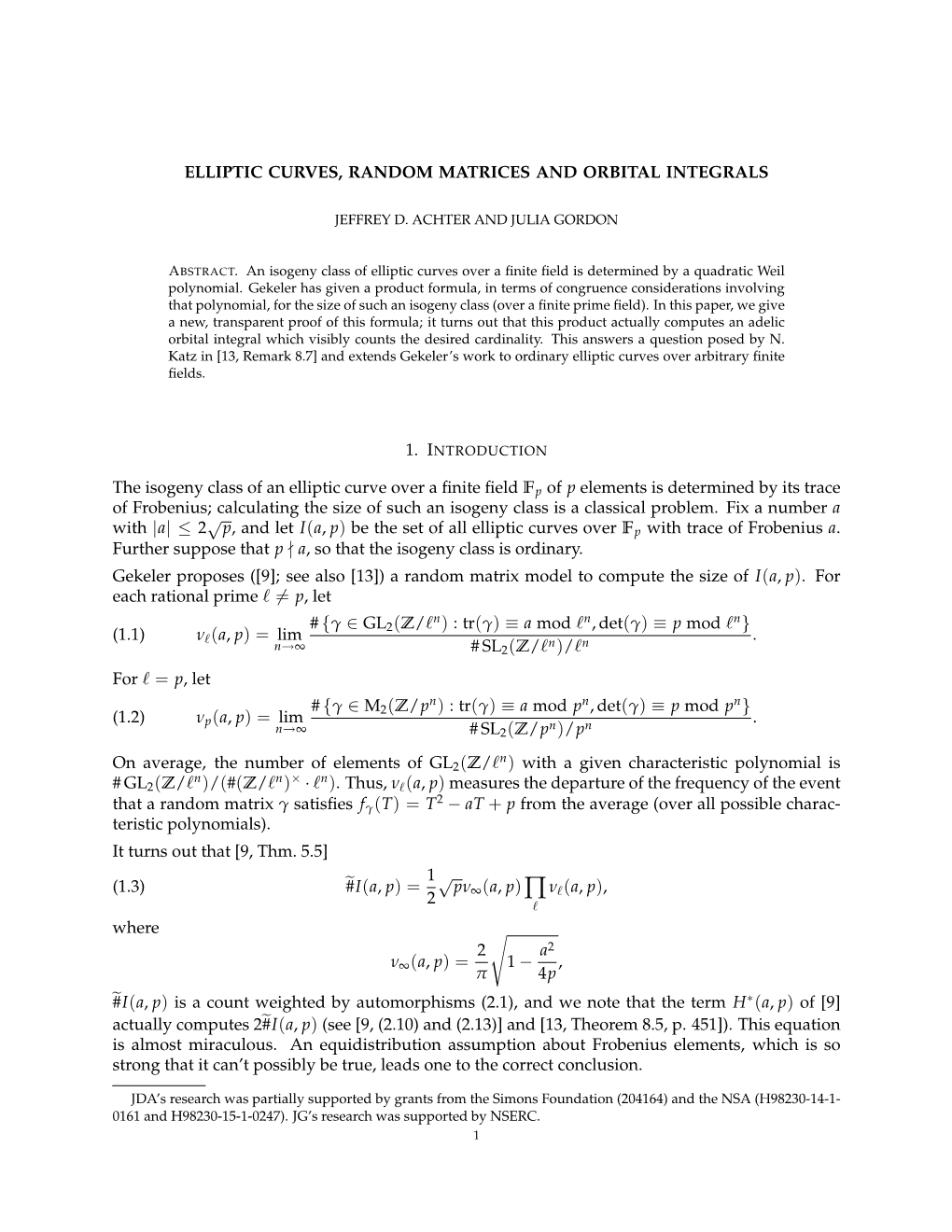 Elliptic Curves, Random Matrices and Orbital Integrals