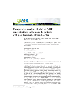 Comparative Analysis of Platelet 5-HT Concentrations in Han and Li Patients with Post-Traumatic Stress Disorder