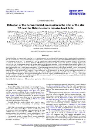 Detection of the Schwarzschild Precession in the Orbit of the Star S2 Near the Galactic Centre Massive Black Hole GRAVITY Collaboration:? R