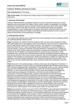 Impact Case Study (Ref3b) Page 1 Institution: Birkbeck, University of London Unit of Assessment: 23 Sociology Title of Case Stud