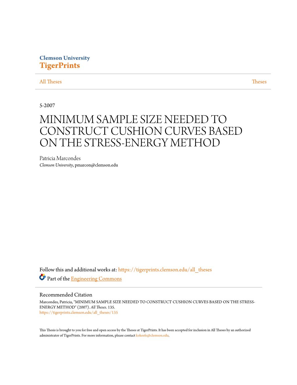 MINIMUM SAMPLE SIZE NEEDED to CONSTRUCT CUSHION CURVES BASED on the STRESS-ENERGY METHOD Patricia Marcondes Clemson University, Pmarcon@Clemson.Edu