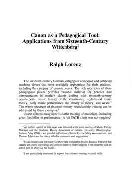 Canon As a Pedagogical Tool: Applications from Sixteenth-Century Wittenbergl