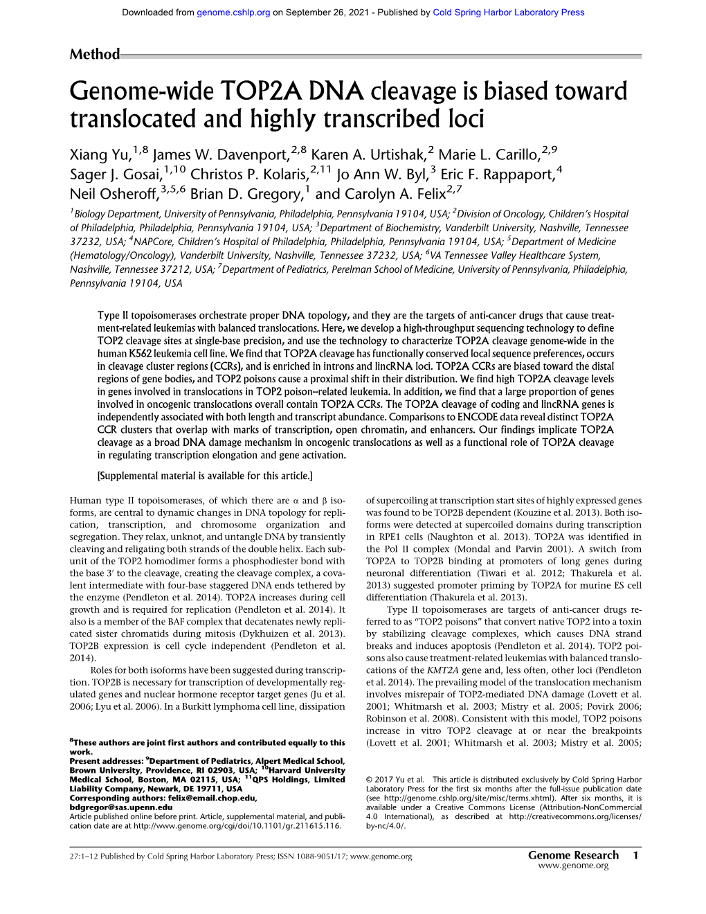 Genome-Wide TOP2A DNA Cleavage Is Biased Toward Translocated and Highly Transcribed Loci