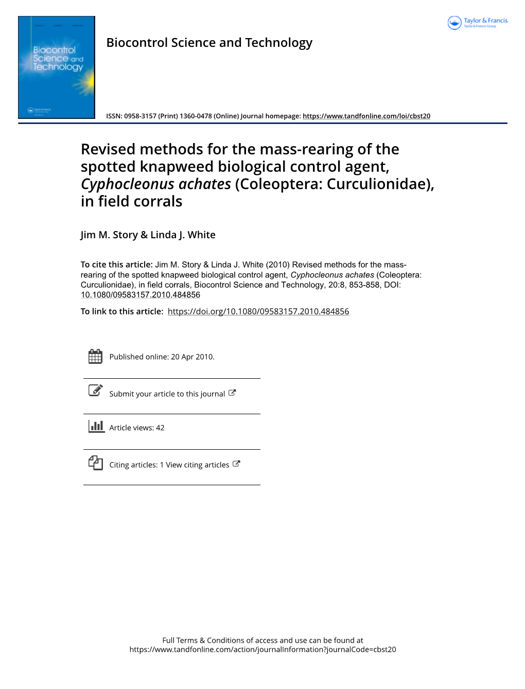 Revised Methods for the Mass-Rearing of the Spotted Knapweed Biological Control Agent, Cyphocleonus Achates (Coleoptera: Curculionidae), in Field Corrals