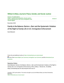 Family in the Balance: Barton V. Barr and the Systematic Violation of the Right to Family Life in U.S