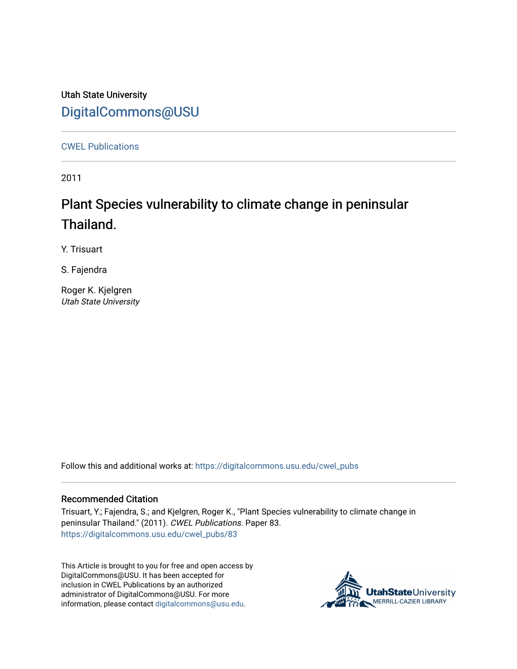 Plant Species Vulnerability to Climate Change in Peninsular Thailand