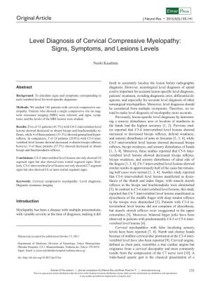 Level Diagnosis of Cervical Compressive Myelopathy: Signs, Symptoms, and Lesions Levels