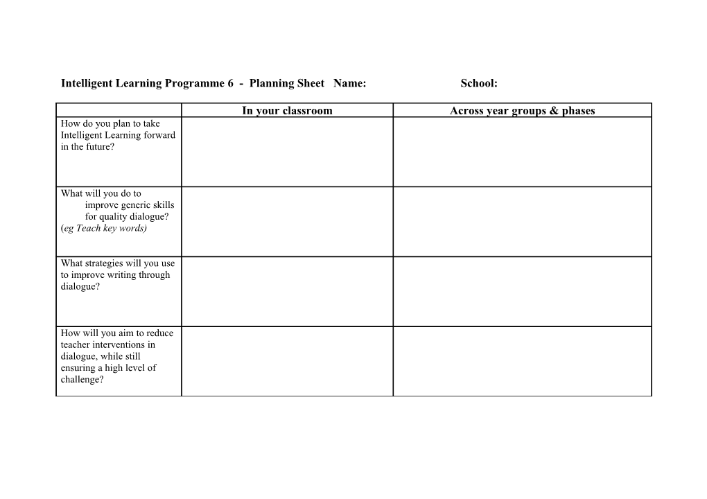 Intelligent Learning Programme 4 - Planning Sheet Name: School: