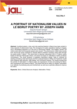A PORTRAIT of NATIONALISM VALUES in LE BEIRUT POETRY by JOSEPH HARB Saputra Husein Siregar Universitas Islam Negeri Sunan Kalijaga Saputrahuseinsiregar@Gmail.Com