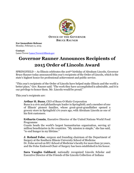 Governor Rauner Announces Recipients of 2015 Order of Lincoln Award