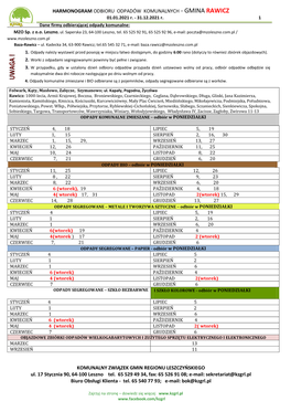 HARMONOGRAM ODBIORU ODPADÓW KOMUNALNYCH - GMINA RAWICZ 01.01.2021 R