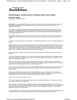 Richard Rogers, Architect Behind Pompidou Center, Wins Pritzker Page 1 of 3 Richard Rogers, Architect Behind Pompidou Center, Wi