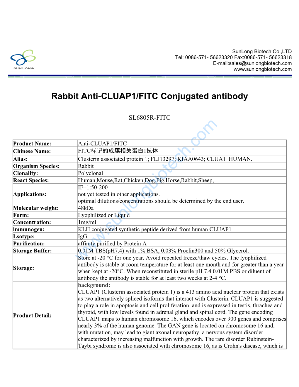 Rabbit Anti-CLUAP1/FITC Conjugated Antibody-SL6805R-FITC