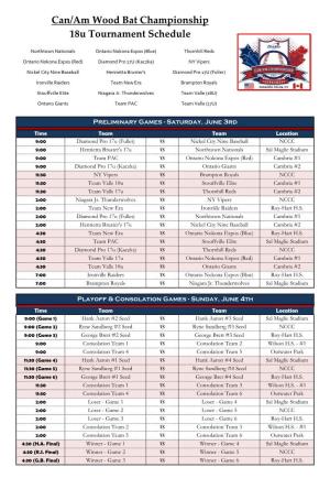 Can/Am Wood Bat Championship 18U Tournament Schedule