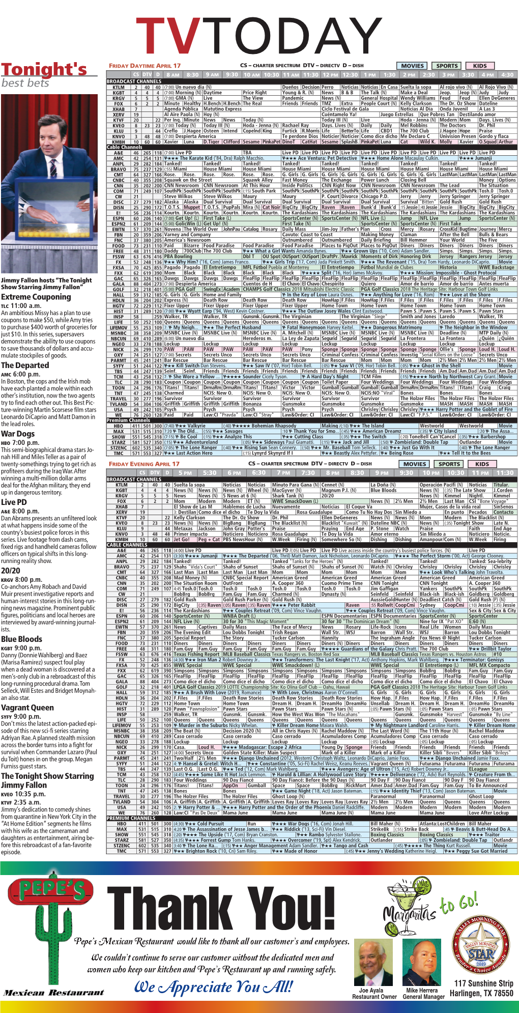 Today Friday Daytime April 17 Cs – Charter Spectrum Dtv – Directv D – Dish Movies Sports Kids