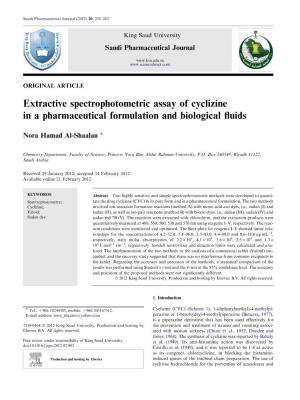 Extractive Spectrophotometric Assay of Cyclizine in a Pharmaceutical Formulation and Biological ﬂuids