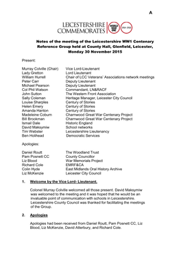 Notes of the Meeting of the Leicestershire WW1 Centenary Reference Group Held at County Hall, Glenfield, Leicester, Monday 30 November 2015