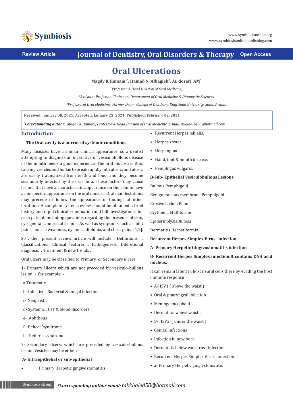 Oral Ulcerations Magdy K Hamam1*, Hamad N