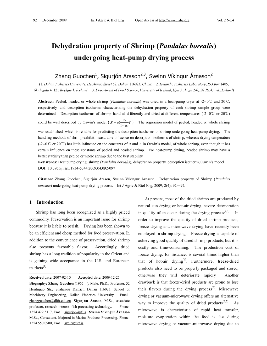 Dehydration Property of Shrimp (Pandalus Borealis) Undergoing Heat-Pump Drying Process