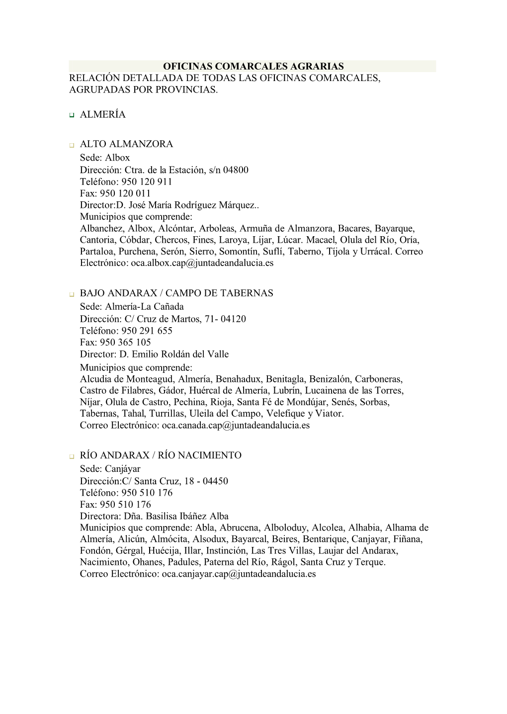 Oficinas Comarcales Agrarias Relación Detallada De Todas Las Oficinas Comarcales, Agrupadas Por Provincias. Almería Alto Alman
