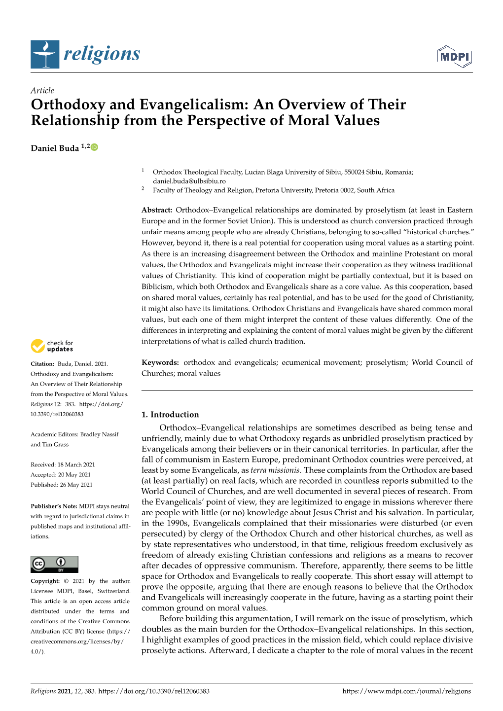 Orthodoxy and Evangelicalism: an Overview of Their Relationship from the Perspective of Moral Values