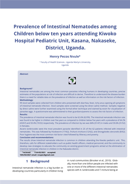 Prevalence of Intestinal Nematodes Among Children Below Ten Years Attending Kiwoko Hospital Pediatric Unit, Kasana, Nakaseke, District, Uganda