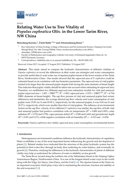 Relating Water Use to Tree Vitality of Populus Euphratica Oliv. in the Lower Tarim River, NW China