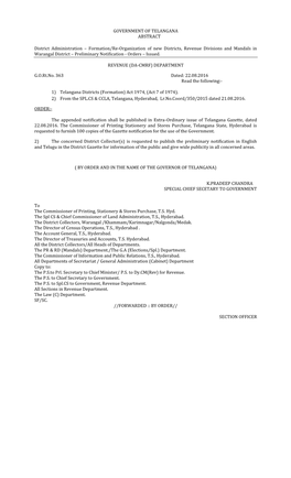 GOVERNMENT of TELANGANA ABSTRACT District Administration – Formation/Re-Organization of New Districts, Revenue Divisions and M