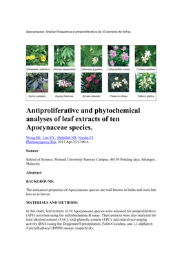 Antiproliferative and Phytochemical Analyses of Leaf Extracts of Ten Apocynaceae Species