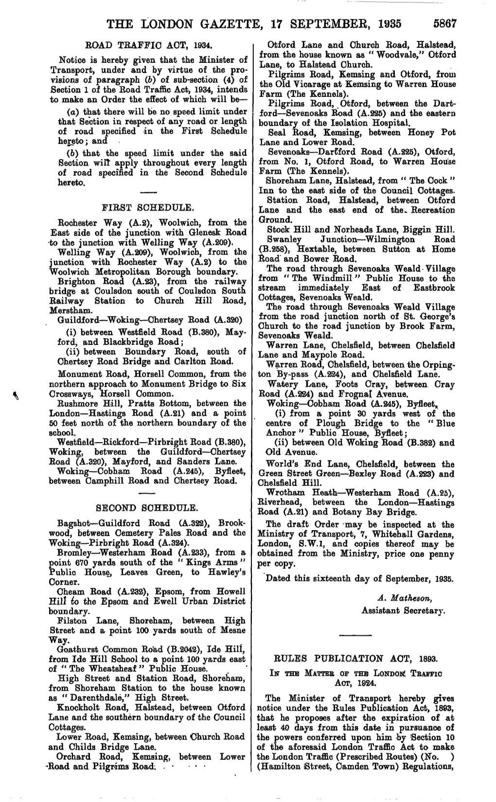 The London Gazette, 17 September, 1935 5867 Road Traffic Act, 1934